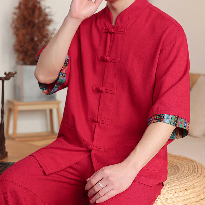 2Pcs Patchwork Chinese Frog-Button Shirt Wide Leg Pants Men's Meditation Cloth Set With Pockets