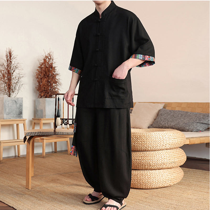 2Pcs Patchwork Chinese Frog-Button Shirt Wide Leg Pants Men's Meditation Cloth Set With Pockets