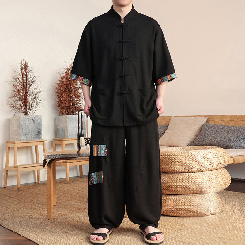 2Pcs Patchwork Chinese Frog-Button Shirt Wide Leg Pants Men's Meditation Cloth Set With Pockets
