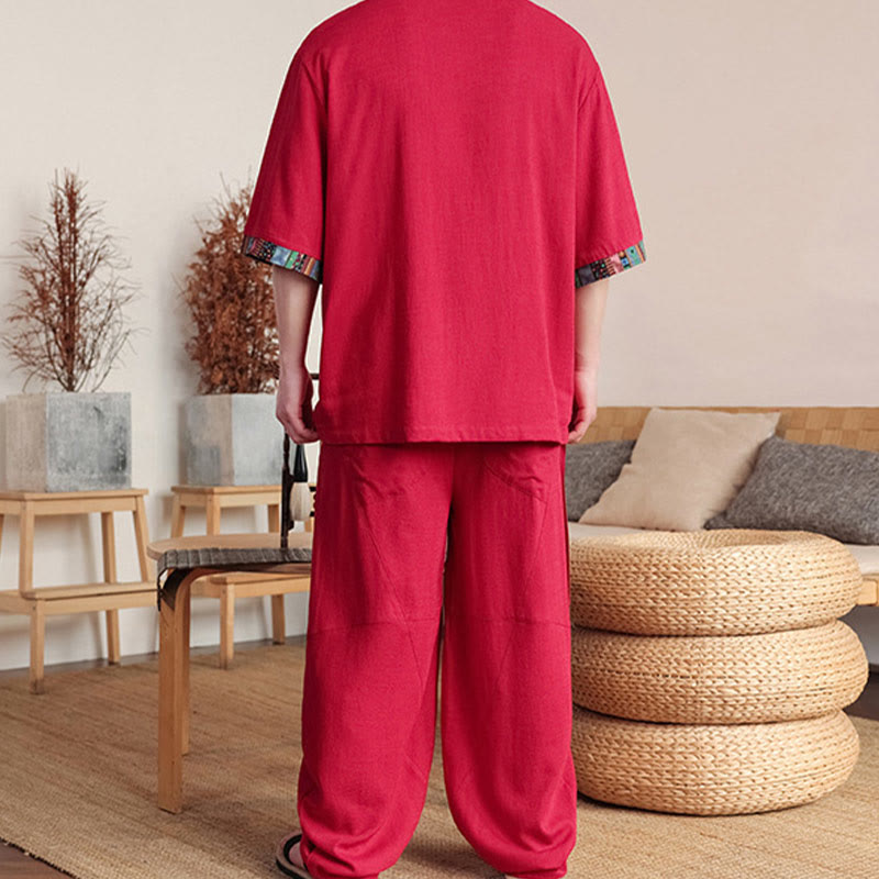 2Pcs Patchwork Chinese Frog-Button Shirt Wide Leg Pants Men's Meditation Cloth Set With Pockets