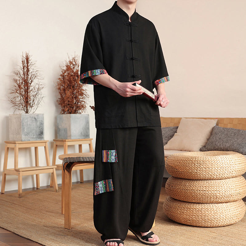 2Pcs Patchwork Chinese Frog-Button Shirt Wide Leg Pants Men's Meditation Cloth Set With Pockets