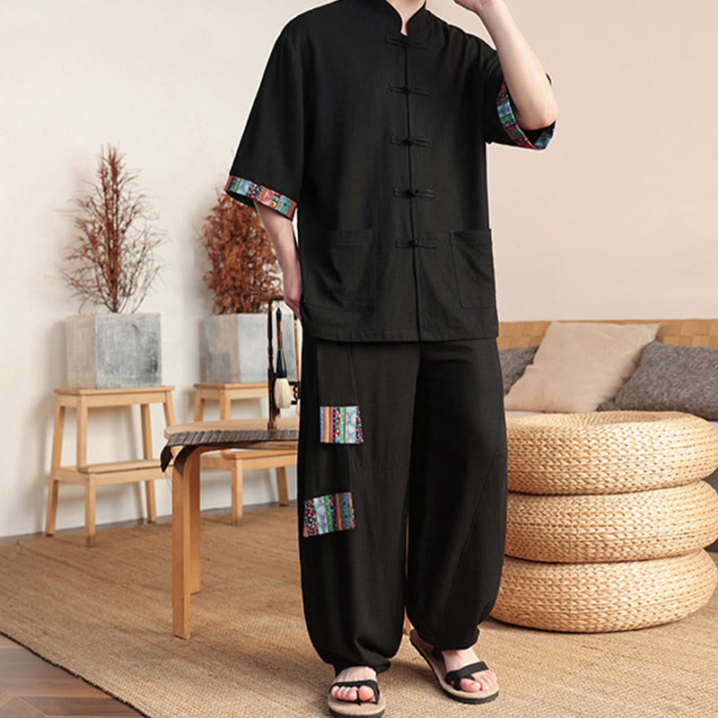 2Pcs Patchwork Chinese Frog-Button Shirt Wide Leg Pants Men's Meditation Cloth Set With Pockets