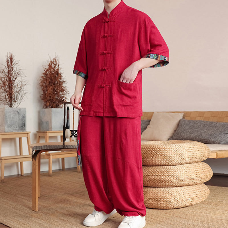 2Pcs Patchwork Chinese Frog-Button Shirt Wide Leg Pants Men's Meditation Cloth Set With Pockets