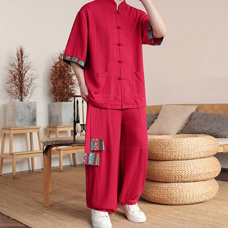 2Pcs Patchwork Chinese Frog-Button Shirt Wide Leg Pants Men's Meditation Cloth Set With Pockets