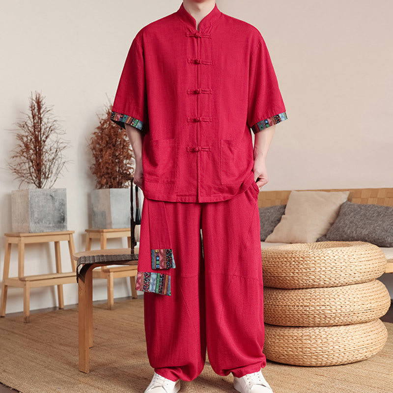 2Pcs Patchwork Chinese Frog-Button Shirt Wide Leg Pants Men's Meditation Cloth Set With Pockets