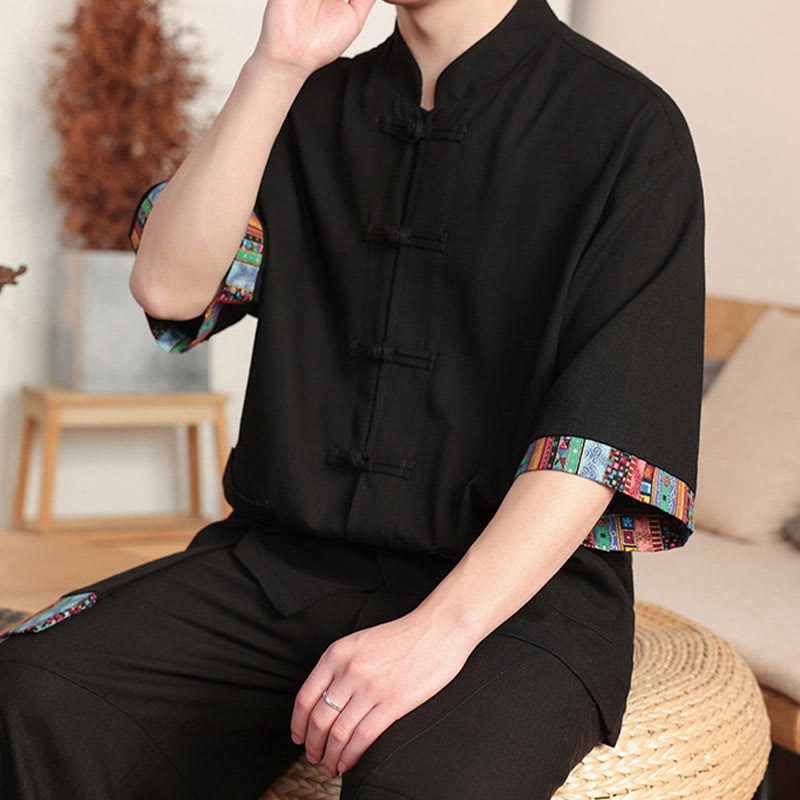 2Pcs Patchwork Chinese Frog-Button Shirt Wide Leg Pants Men's Meditation Cloth Set With Pockets