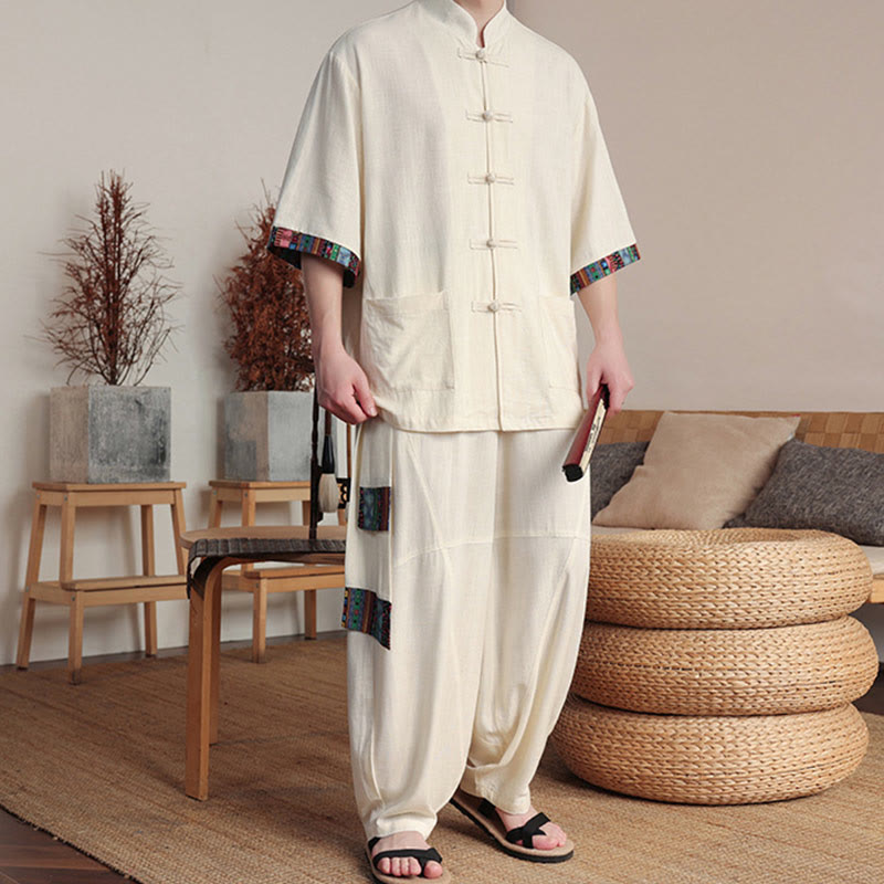 2Pcs Patchwork Chinese Frog-Button Shirt Wide Leg Pants Men's Meditation Cloth Set With Pockets