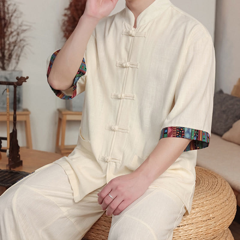 2Pcs Patchwork Chinese Frog-Button Shirt Wide Leg Pants Men's Meditation Cloth Set With Pockets