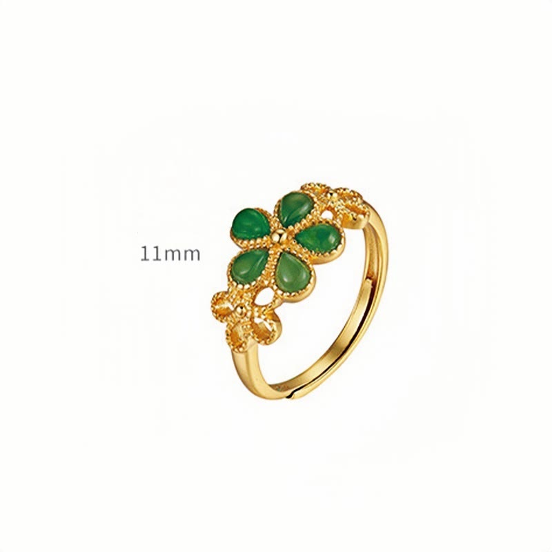 Hand-Carved Hetian Jade Flower 925 Sterling Silver Gold Plated Adjustable Ring