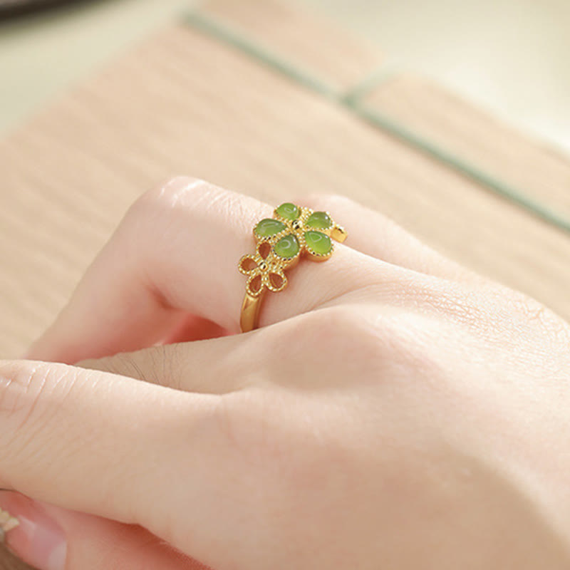Hand-Carved Hetian Jade Flower 925 Sterling Silver Gold Plated Adjustable Ring