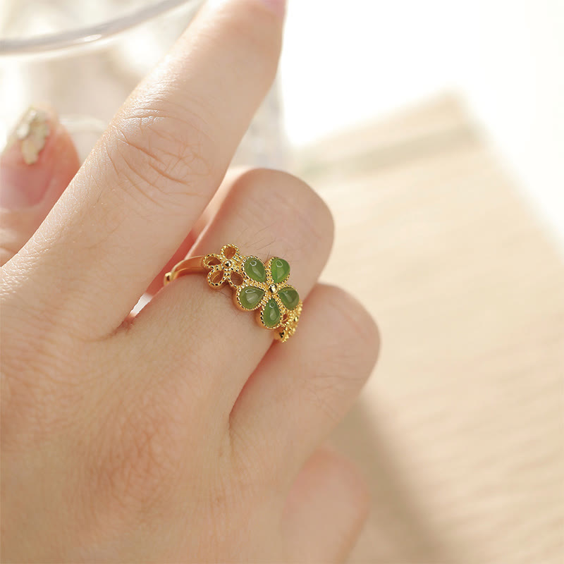 Hand-Carved Hetian Jade Flower 925 Sterling Silver Gold Plated Adjustable Ring