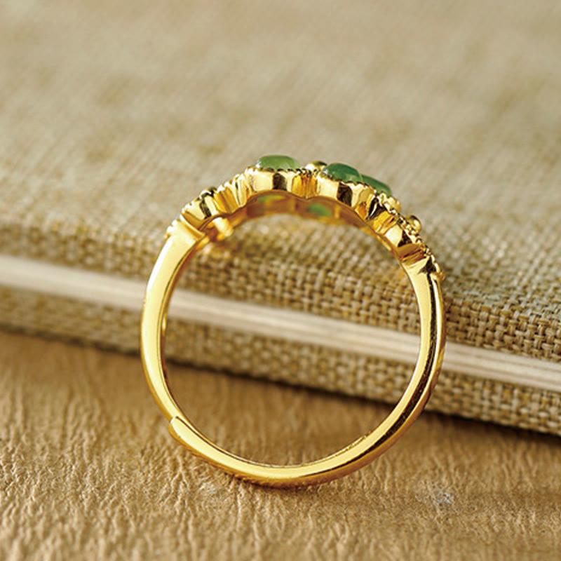 Hand-Carved Hetian Jade Flower 925 Sterling Silver Gold Plated Adjustable Ring