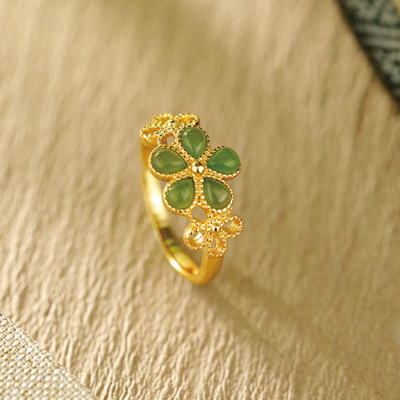 Hand-Carved Hetian Jade Flower 925 Sterling Silver Gold Plated Adjustable Ring