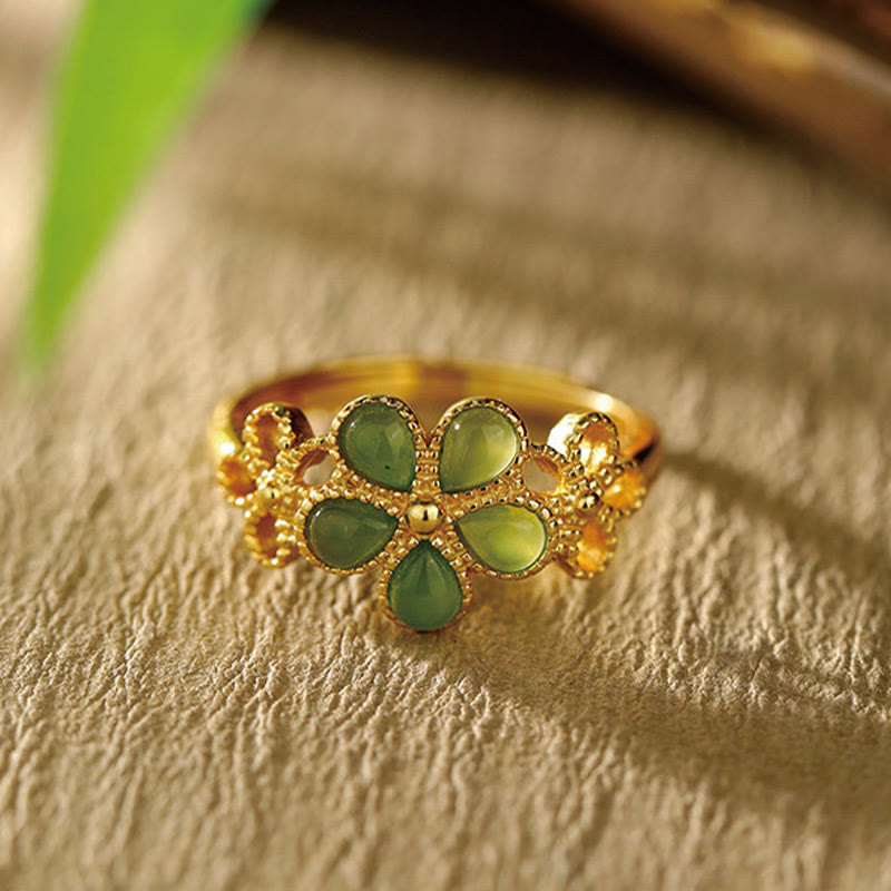 Hand-Carved Hetian Jade Flower 925 Sterling Silver Gold Plated Adjustable Ring
