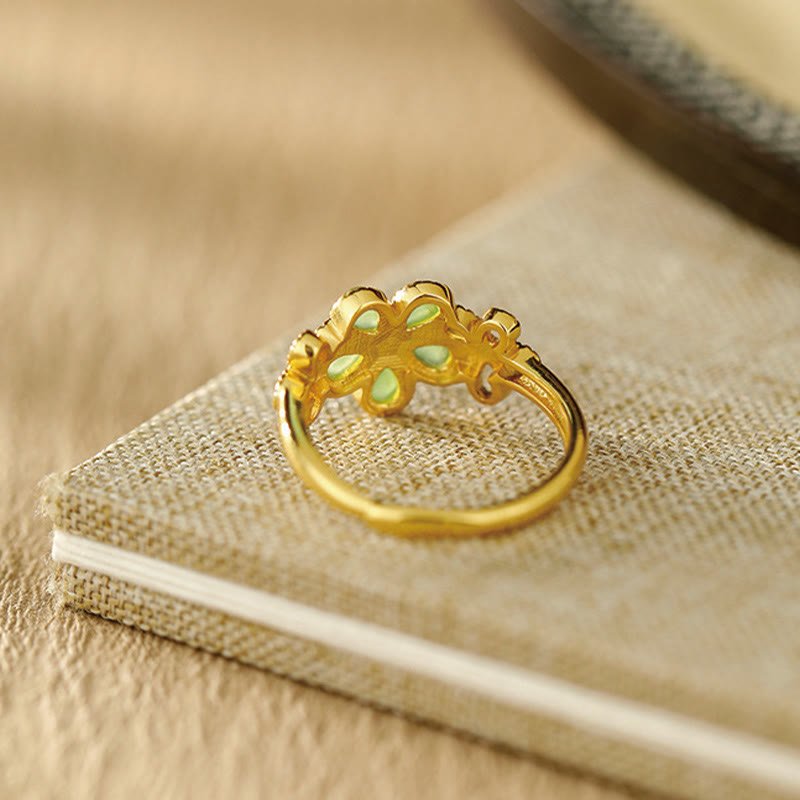 Hand-Carved Hetian Jade Flower 925 Sterling Silver Gold Plated Adjustable Ring