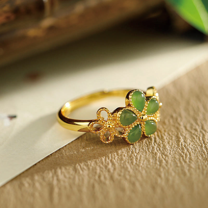 Hand-Carved Hetian Jade Flower 925 Sterling Silver Gold Plated Adjustable Ring