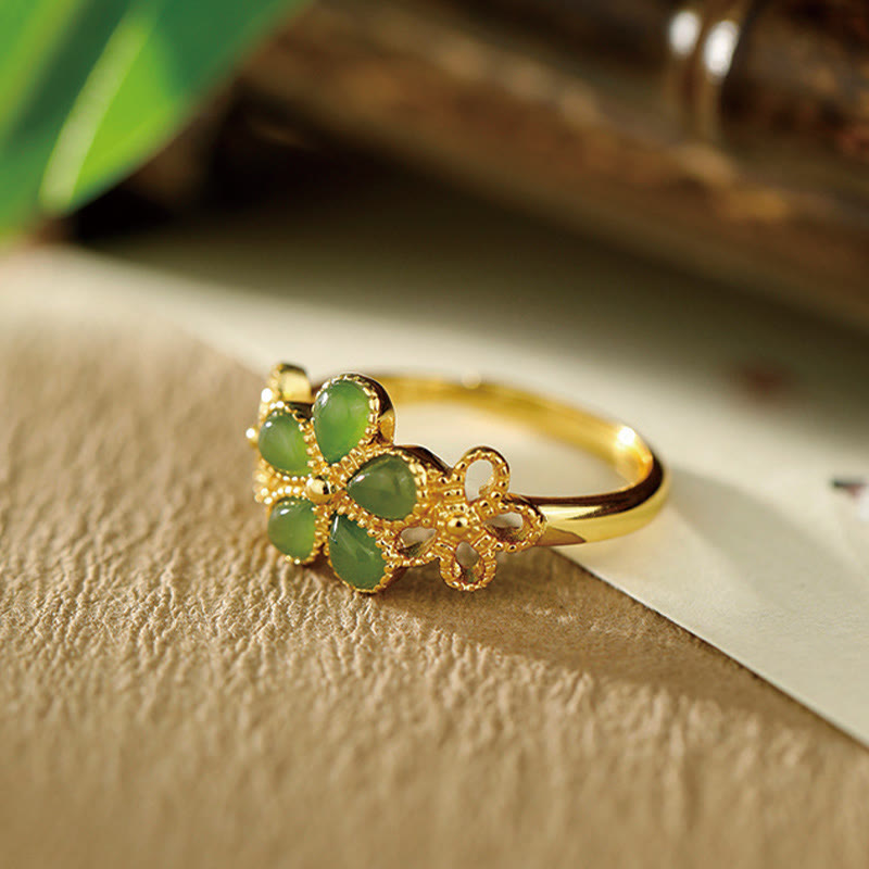 Hand-Carved Hetian Jade Flower 925 Sterling Silver Gold Plated Adjustable Ring