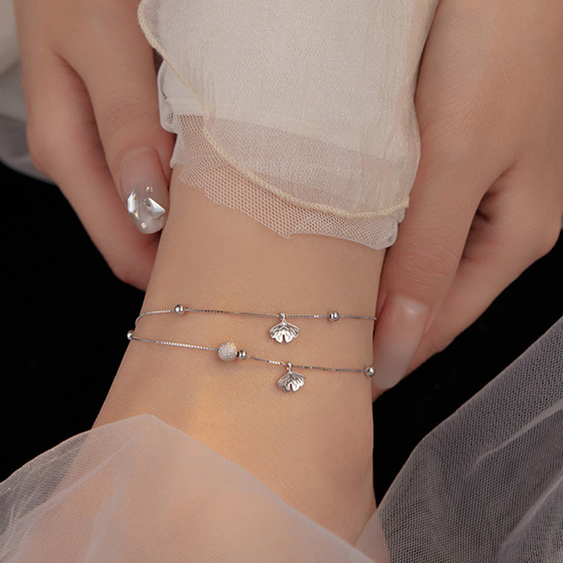 925 Sterling Silver Ginkgo Leaf Double Layer Protection Anklet