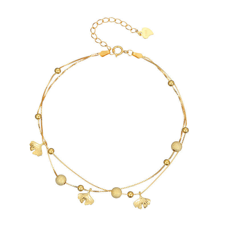 925 Sterling Silver Ginkgo Leaf Double Layer Protection Anklet