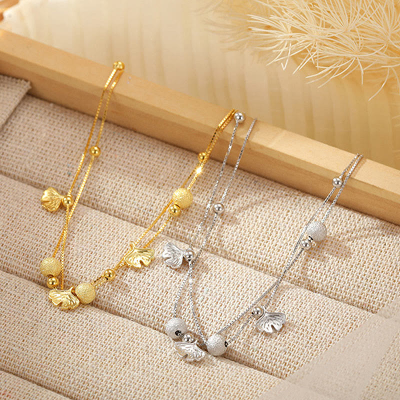 925 Sterling Silver Ginkgo Leaf Double Layer Protection Anklet