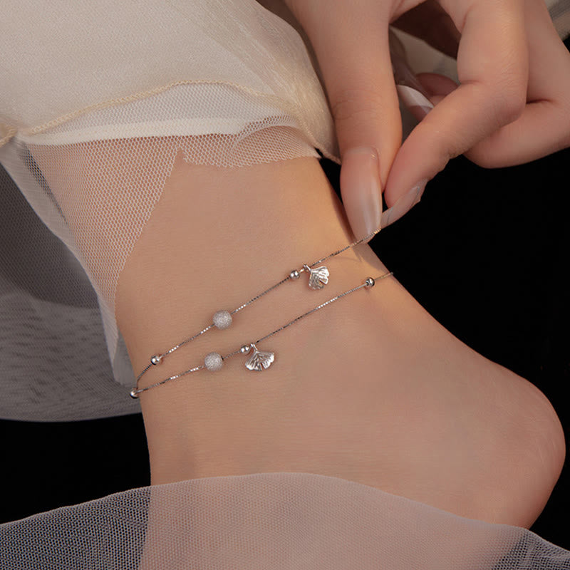 925 Sterling Silver Ginkgo Leaf Double Layer Protection Anklet
