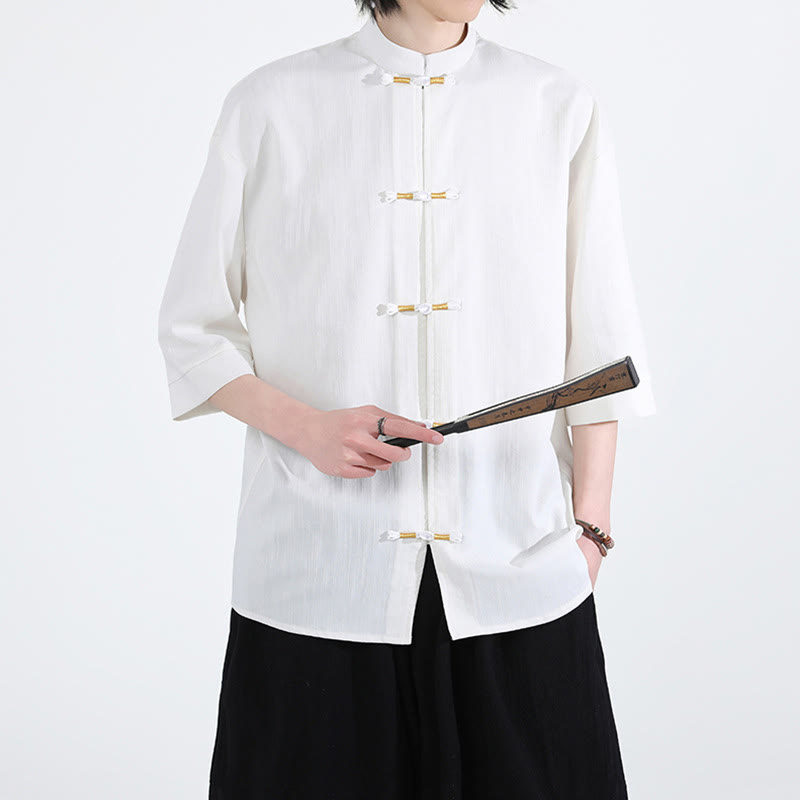Pure Color Frog-Button Half Sleeve Linen Men's Shirt