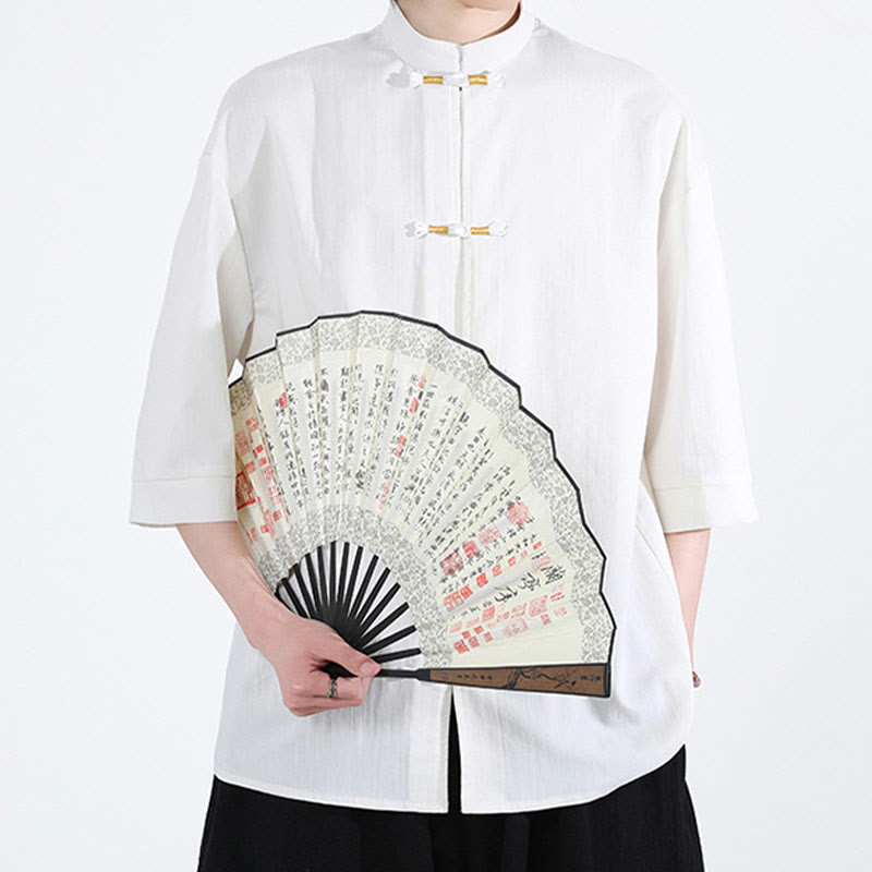 Pure Color Frog-Button Half Sleeve Linen Men's Shirt