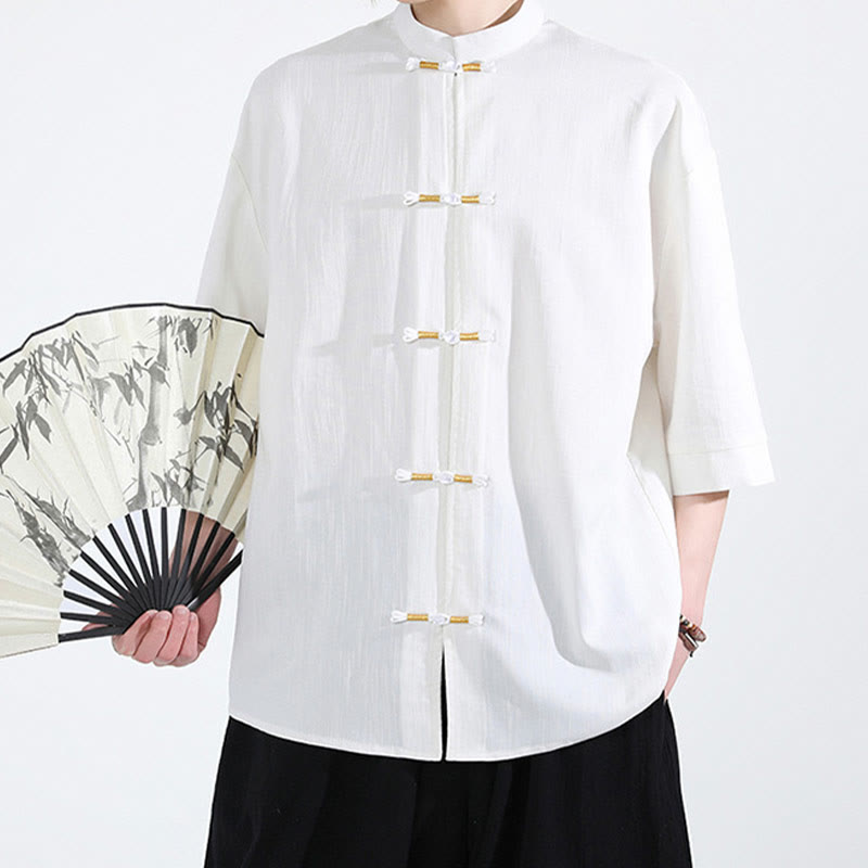 Pure Color Frog-Button Half Sleeve Linen Men's Shirt