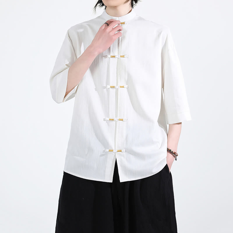 Pure Color Frog-Button Half Sleeve Linen Men's Shirt