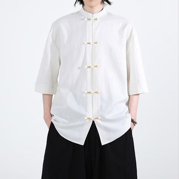 Pure Color Frog-Button Half Sleeve Linen Men's Shirt