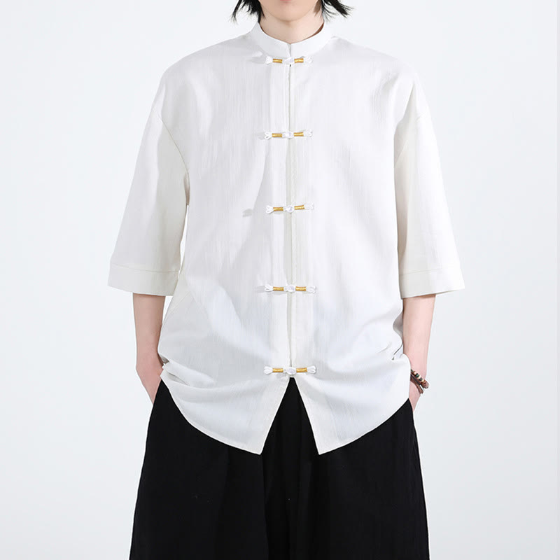 Pure Color Frog-Button Half Sleeve Linen Men's Shirt