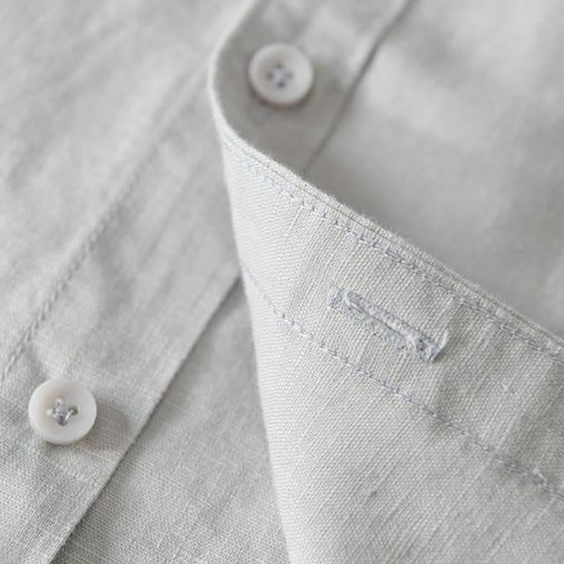 Simple Style Short Sleeve Button Cotton Linen Men's Shirt