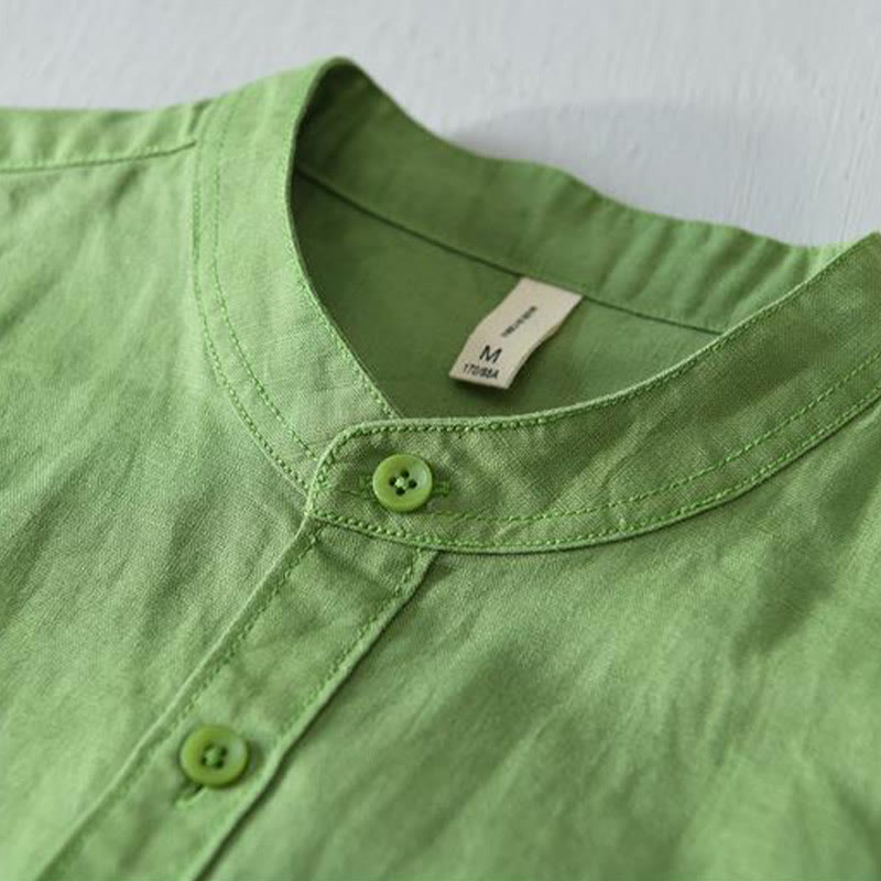Simple Style Short Sleeve Button Cotton Linen Men's Shirt