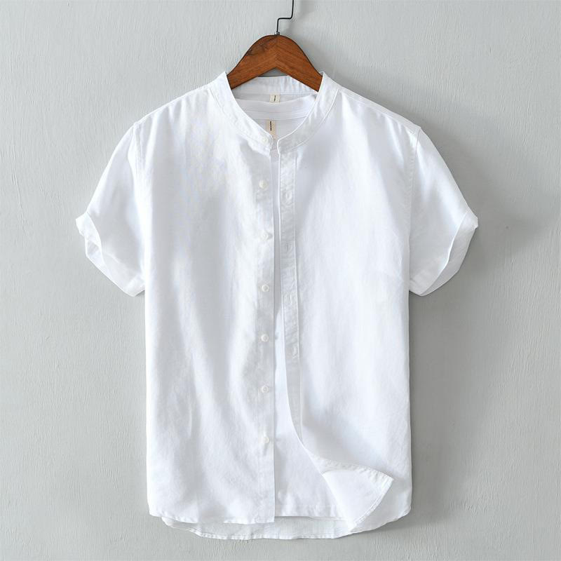 Simple Style Short Sleeve Button Cotton Linen Men's Shirt