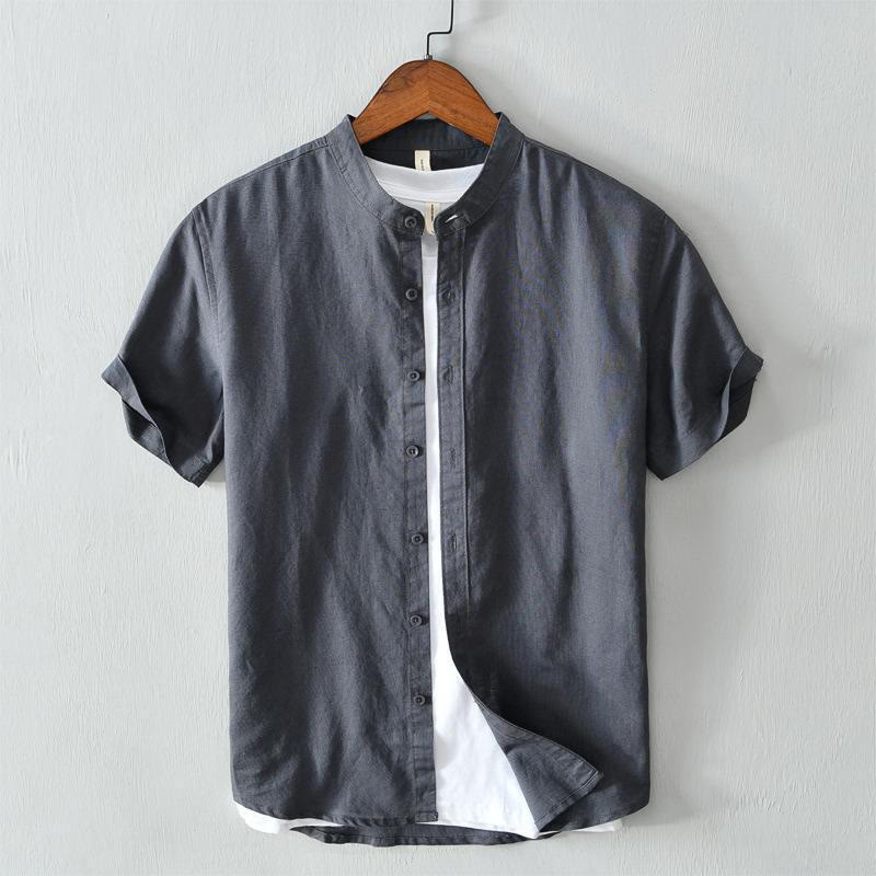 Simple Style Short Sleeve Button Cotton Linen Men's Shirt