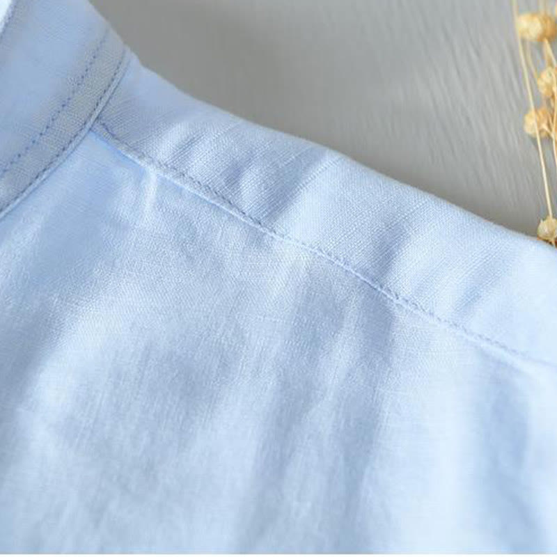 Simple Style Short Sleeve Button Cotton Linen Men's Shirt