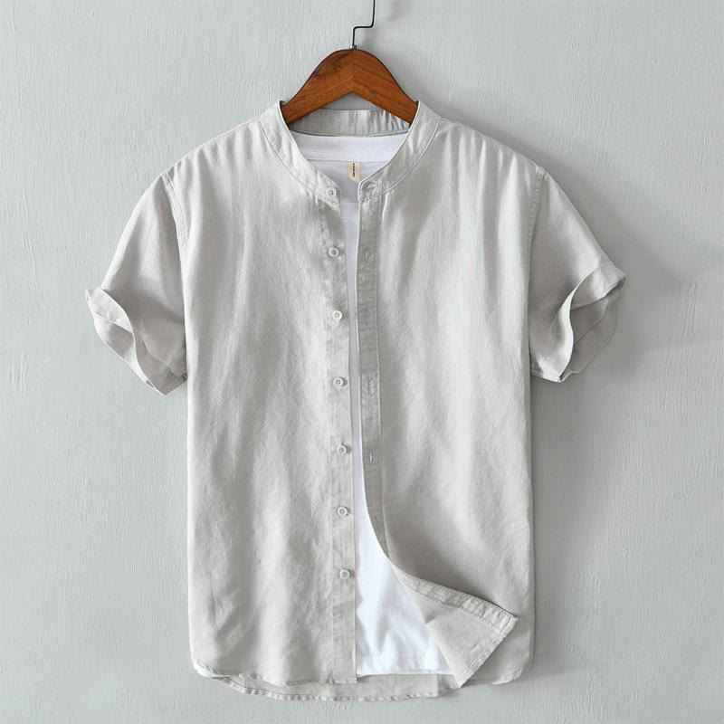 Simple Style Short Sleeve Button Cotton Linen Men's Shirt