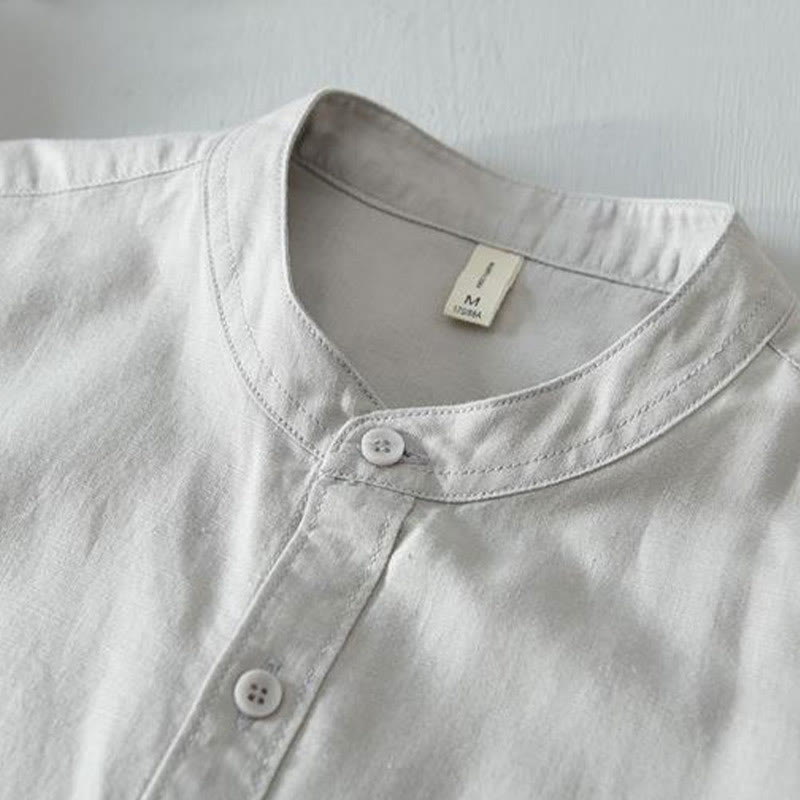 Simple Style Short Sleeve Button Cotton Linen Men's Shirt