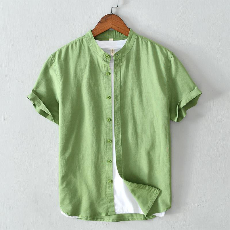 Simple Style Short Sleeve Button Cotton Linen Men's Shirt