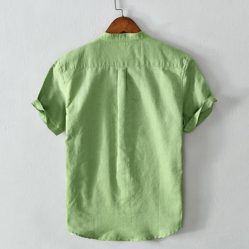 Simple Style Short Sleeve Button Cotton Linen Men's Shirt