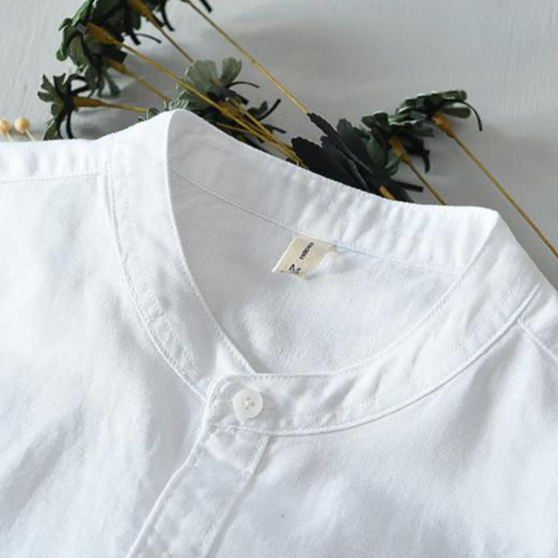 Simple Style Short Sleeve Button Cotton Linen Men's Shirt