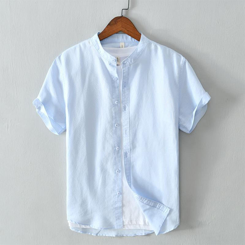 Simple Style Short Sleeve Button Cotton Linen Men's Shirt