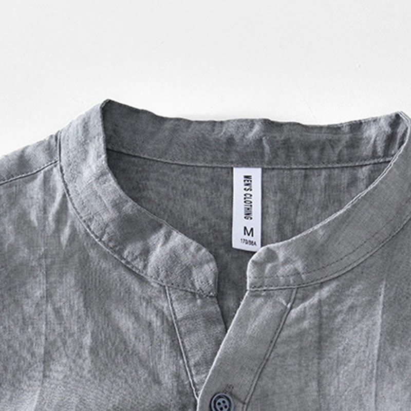 Half Button Short Sleeve V-neck Ramie Cotton Men's Shirt