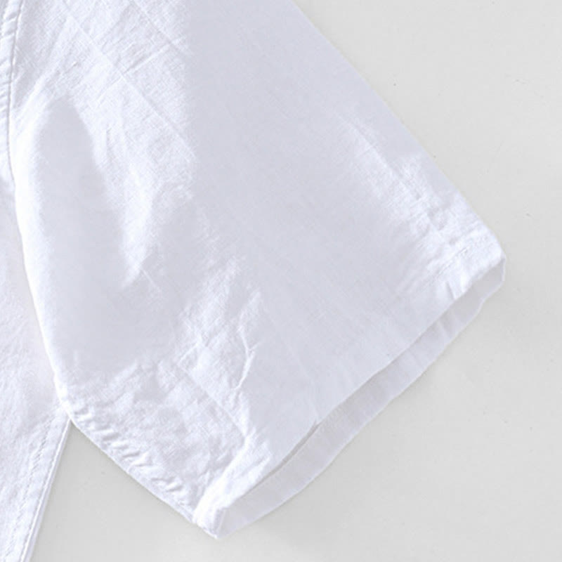 Half Button Short Sleeve V-neck Ramie Cotton Men's Shirt