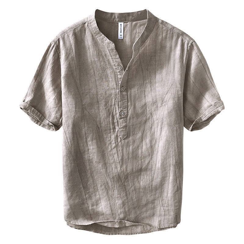 Half Button Short Sleeve V-neck Ramie Cotton Men's Shirt