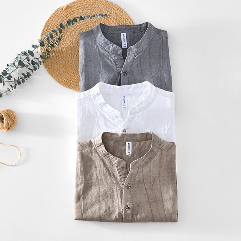 Half Button Short Sleeve V-neck Ramie Cotton Men's Shirt