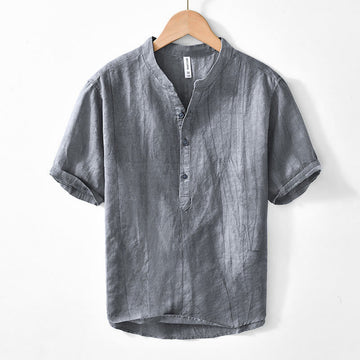 Half Button Short Sleeve V-neck Ramie Cotton Men's Shirt