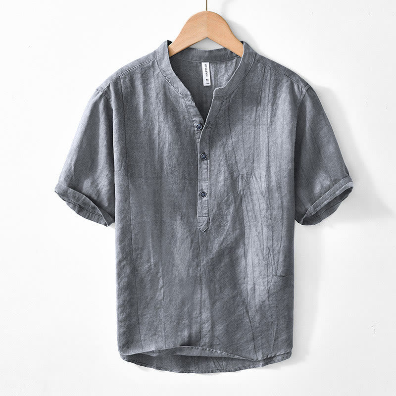 Half Button Short Sleeve V-neck Ramie Cotton Men's Shirt