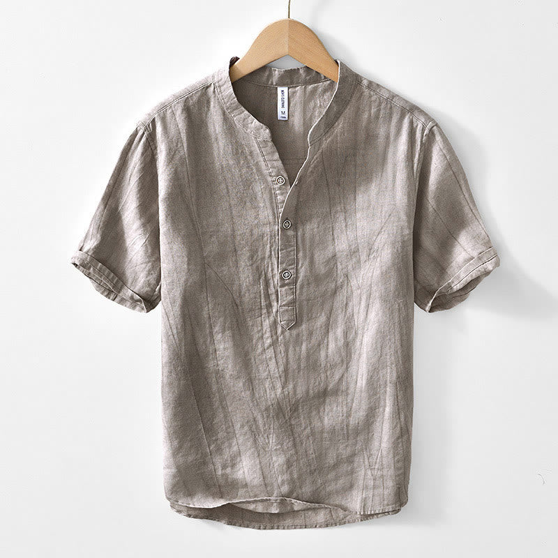 Half Button Short Sleeve V-neck Ramie Cotton Men's Shirt