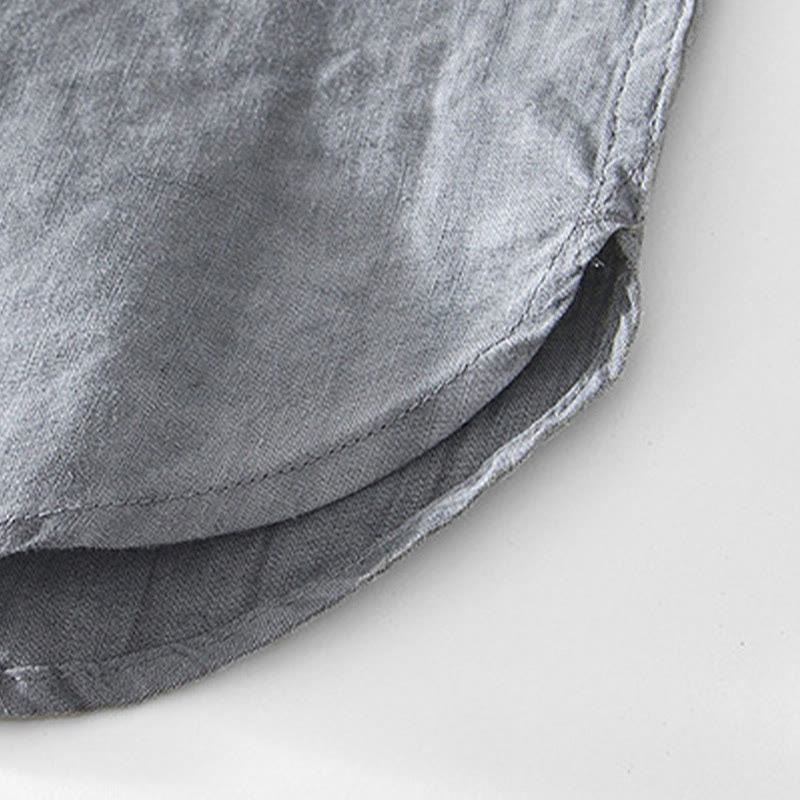 Half Button Short Sleeve V-neck Ramie Cotton Men's Shirt